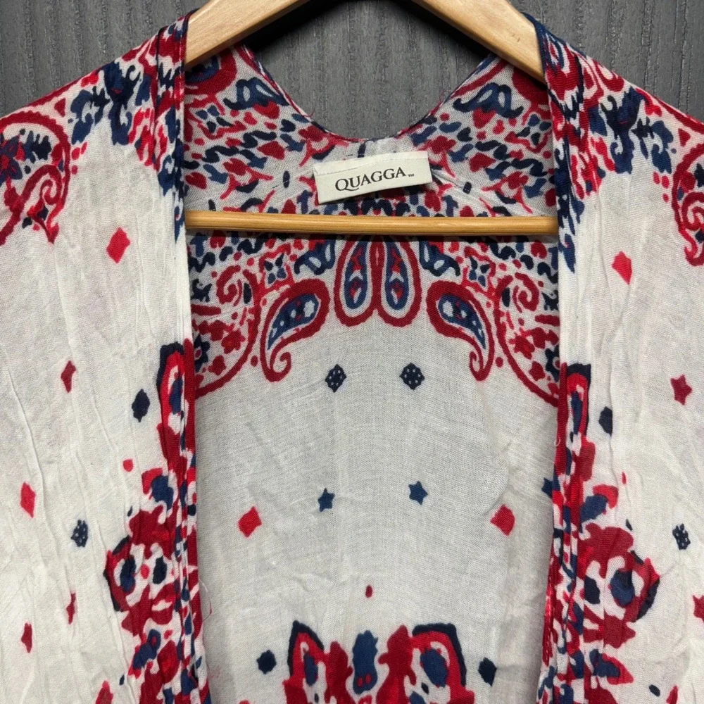 Quagga Kimono Wrap Red White Blue Paisley Bandana Print Tassel Cover Up OS